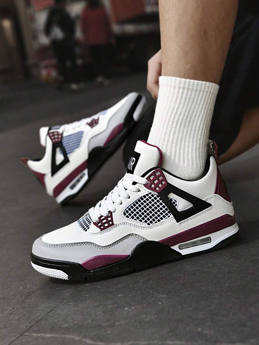 Men's White Burgundy High-Top Sneakers Striking White Upper With Deep Burgundy And Grey Accents For A Sophisticated, Retro Look. - 白紅 - 查看 1