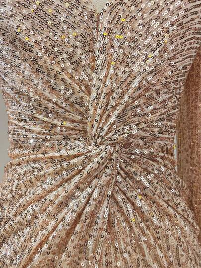 Women's Heavily Embroidered Sequin V-Neck Twist Ruched Waist Long Sleeve Gown, Luxurious Starry Party Dress