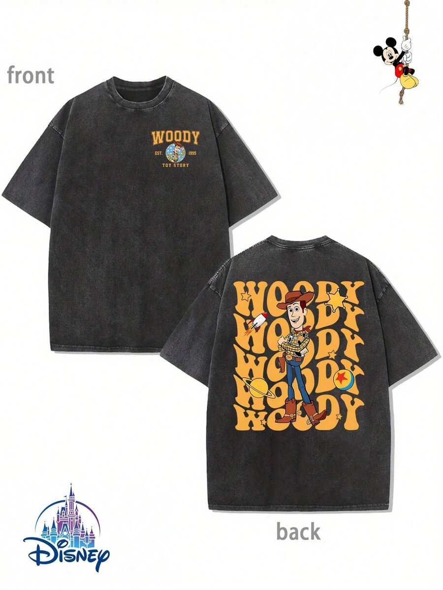 Disney Official Licensed Sheriff Woody All Over Vintage Wash T-Shirt 230g Cotton Crew Neck Drop Shoulder Unisex Tee - màu đen - Xem 1