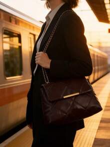 Large Capacity Diamond Quilted Crossbody Bag For Women, Faux Leather Shoulder Bag With Chain Strap, Multifunctional For Shopping, Travel And Office Use - Coffee - View 6