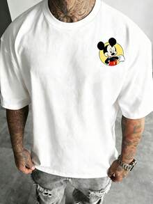 Disney Mickey Mouse Multi-Expression Image Pattern T-Shirt, For Both Men And Women. Casual Round-Neck Short-Sleeved Men's Shirt. Funny T-Shirts. Suitable For Daily Outings, Playing, Commuting, Parties And Vacations. Men Clothes. - 白色 - 查看 2
