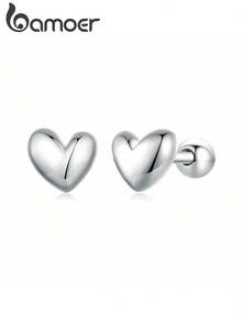 bamoer 一对925纯银可爱心形耳钉，心形设计，镶嵌低致敏锆石，女士订婚礼物，精致珠宝礼品 - 銀色 - 查看 2
