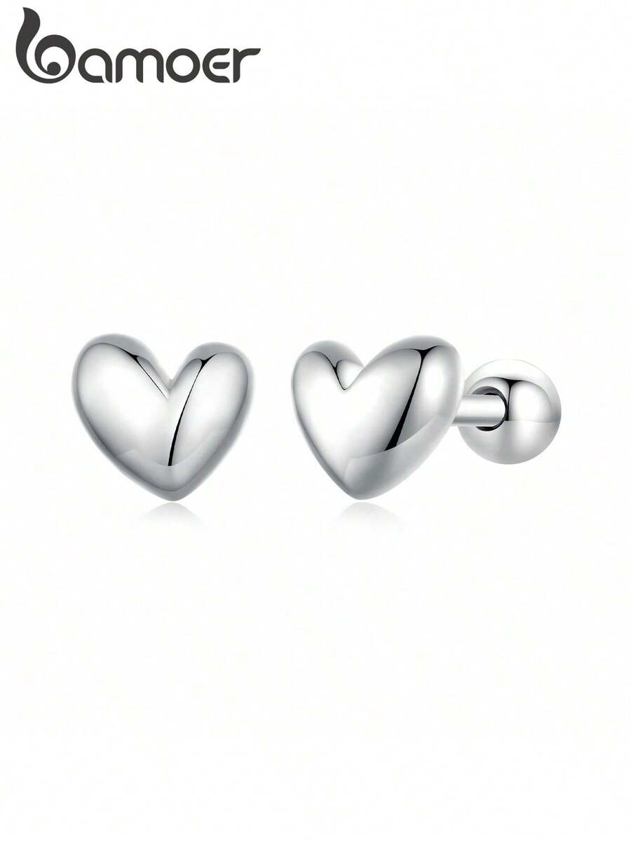 bamoer 一对925纯银可爱心形耳钉，心形设计，镶嵌低致敏锆石，女士订婚礼物，精致珠宝礼品