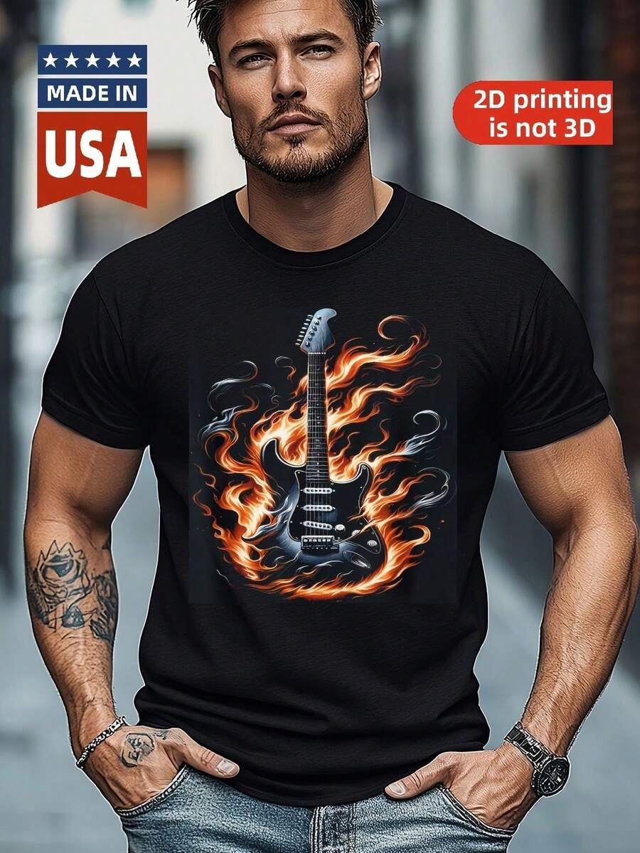 Camiseta de Algodón 100% con Diseño de Guitarra Eléctrica y Llama 180G - Negro - Ver 1