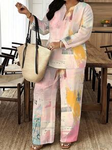 1 Set Literary Attribute Woven Fabric Smooth & Skin-Friendly Women's Home & Outing Summer Birthday Gift Pink-Yellow Contrast Abstract Collage Print Women's Plus Size Two-Piece Set - Nhiều màu - Xem 2