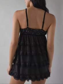 Women's Sequin Lace Edge Ruffled Mini Dress Multi-Layered Spaghetti Strap Sleeveless Cute Bow Decor Short Dress For Club Party - Black - View 4
