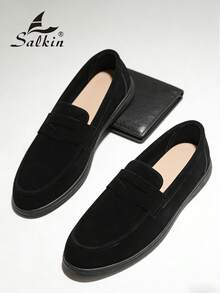 Salkin Designer Fashion Men's Slip-On Loafers, Faux Suede Casual Shoes, Soft, Comfortable, Breathable, Non-Slip, Durable Flat Shoes, Versatile For Suits, Students, Graduation, Business, Party, Wedding, Spring/Summer/Autumn, Plus Size, Multiple Colors Available. Note: Runs Small, Please Order One Size Up. Old Money Chic Autumn - Black - View 8
