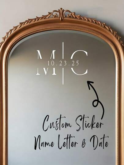 Custom "Wedding Initials And Date" Crystal Stickers - Add A Unique Style To Your Mirror By Engraving The Bride And Groom's Names And Wedding Date - Personalized Decor For Wedding Venues, Bedroom Mirror Accents, And Reception Signs