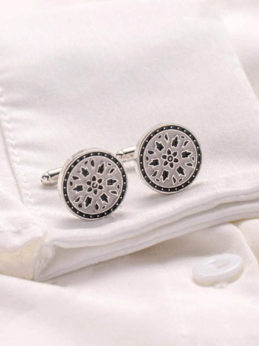 2pcs Round Flame Lacquered Cufflinks, Versatile Business Shirt Sleeve Studs For Men - Silver - View 1