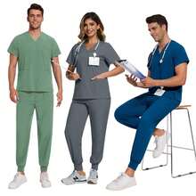 Clinical Blue White Pink Sanitary Dustproof Clothing Dentist Medical Nursing Vet Surgical Uniform Men Work Wear Jogger Scrub Set - 白色 - 查看 3