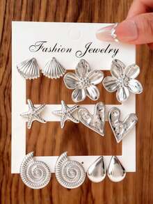 欧美奢华海星贝壳亚克力耳环，漩涡设计，优雅女士耳环 - 銀色 - 查看 1