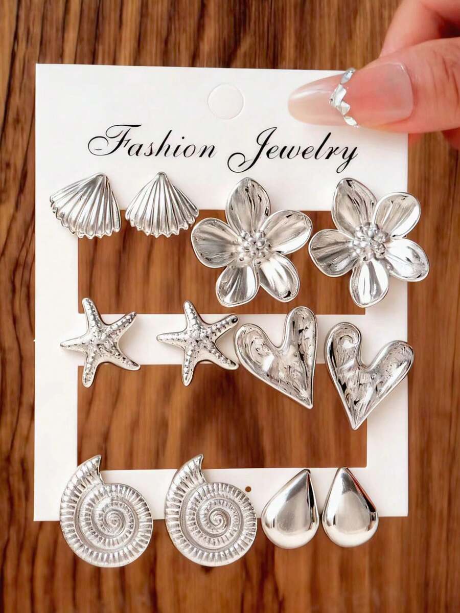 欧美奢华海星贝壳亚克力耳环，漩涡设计，优雅女士耳环 - 銀色 - 查看 1