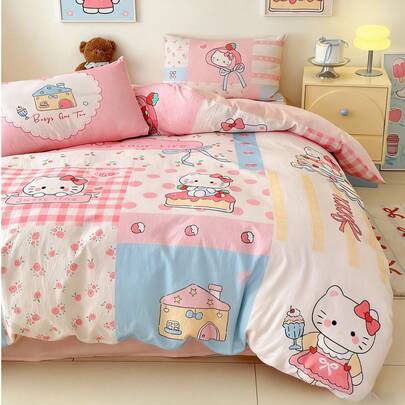 Hello Kitty Bộ ga trải giường in kỹ thuật số, họa tiết hoa, bánh dâu tây, chất liệu mềm mại như mây, phù hợp mọi mùa, có thể giặt máy và tháo rời, thích hợp cho ký túc xá, phòng ngủ, khách sạn, có khóa kéo, cỡ Twin/Queen (chỉ bao gồm ga trải giường, không kèm chăn bông hoặc gối).