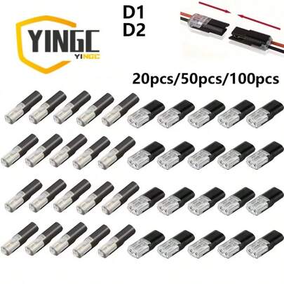 YCこの着脱可能なユニバーサルクイック接続端子は、はんだ付け不要・被覆剥離不要で、取り外し可能な設計を採用。黒色端子素材を使用し、1穴タイプと2穴タイプの着脱式クイック接続端子を20個/50個/100個セットで提供。地域配送に対応。