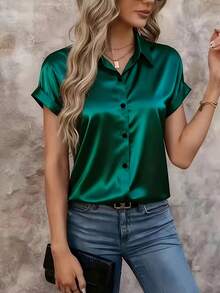 Áo kiểu nữ thời trang, thanh lịch, cổ ve áo bằng satin, tay ngắn, đa năng, thích hợp cho kỳ nghỉ hè. - Màu xanh lá cây đậm - Xem 2