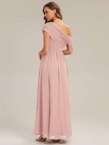 Đầm phù dâu màu hồng bằng vải chiffon thanh lịch, thiết kế cổ bất đối xứng, thích hợp cho tiệc tùng, đám cưới, kỳ nghỉ xuân/hè. - Hồng - Xem 7