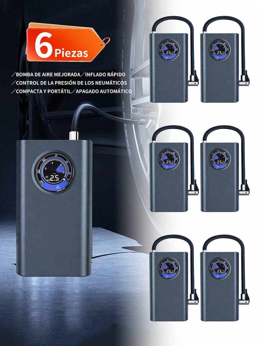 6 piezas Inflador de neumáticos portátil para coche,Compresor de aire portátil,150 psi bomba de aire para coche de inflado rápido, puerto USB de carga rápida, con manómetro de presión de neumáticos, batería de litio, carga rápida, apto para coches, bicicletas, motocicletas, pelotas deportivas, motor de alta eficiencia, inflado, etc.