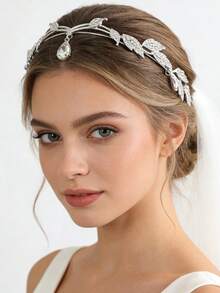 1pc Women's Sparkling Crystal Rhinestone Tassel Leaf Headband, Sweet Princess Style Bridal Hair Accessory, High-End Wedding Headpiece - Silver - View 7