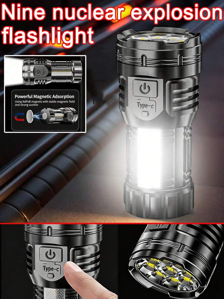 3/2/1入 Type-C 充電式戰術手電筒,超亮 9 奈秒爆閃手電筒,防水,具 4 種照明模式,適用於露營、徒步、汽車維修和緊急情況 - 黑色的 - 查看 1