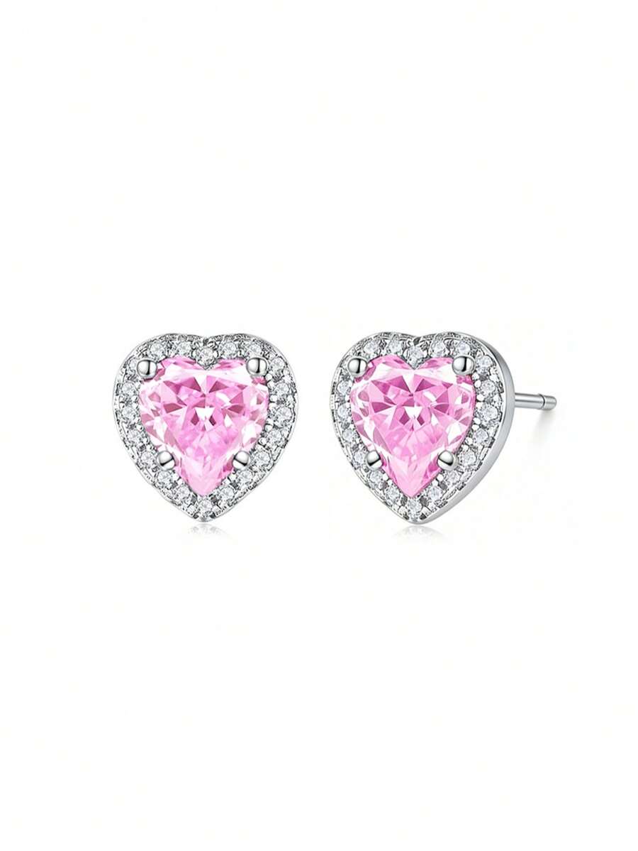 925纯银糖果粉色立方氧化锆心形耳钉，全镶钻优雅设计，适合日常/旅行/派对佩戴，附赠精美礼盒 - 粉色 - 查看 1
