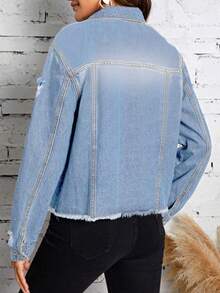 Chaqueta vaquera corta de inspiración vintage para mujer, abrigo vaquero de manga larga con botones, cuello y bolsillos para un estilo casual de otoño. - Azul - Ver 4
