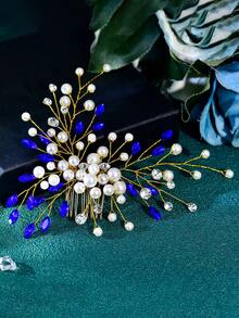 1pc Blue Crystal Rhinestone & Faux Pearl Handmade Bridal Hair Comb, Suitable For Wedding Party - Multicolor - View 12