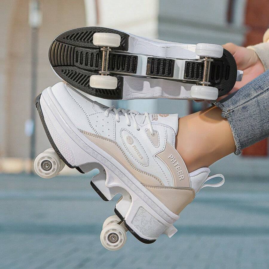 Teens/Youth Roller Skates, 4-Wheel Automatic Retractable , PU Splicing Unisex Inline Skates - Apricot - View 1