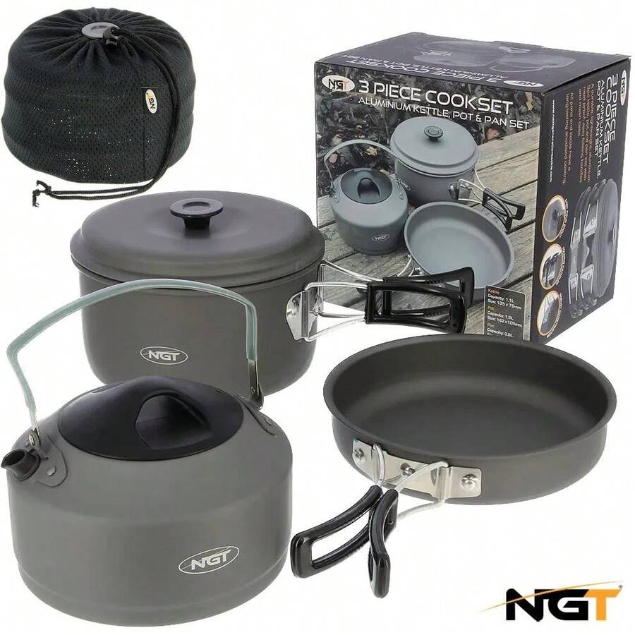 NGT 3 Piece Cook Set Carp Fishing Cooking Kettle, Frying Pan, Saucepan + Case - Multicolor - View 1