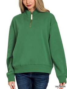 Womens Casual Half Zip Sweatshirt Modern Minimalist Oversized Pullover Athletic Sporty Streetwear Long Sleeve Mock Neck Green Fall Winter Workout Athleisure Relaxed Fit Fashion Top - 綠色 - 查看 2