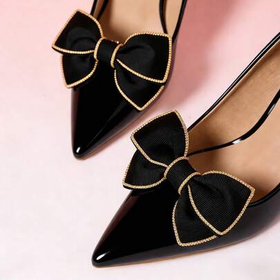 1 Pair Bow Shoe Clips, Classic Black Bow Design With Elegant Gold Trim, Versatile For Daily Commute, Casual Outings, Or Semi-Formal Occasions To Enhance Overall Stylish Look