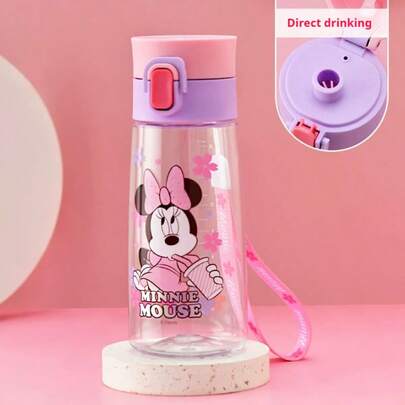 480ml Disney Minnie Mouse Pink Plastic Water Bottle - Cute Cartoon Design, Suitable For Daily, Outdoor And Home Use, With Lanyard, Straight Drinking Design