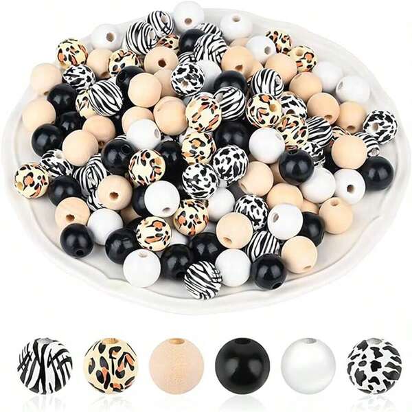 60pcs/Set Wooden Bead Animal Prints Zebra Leopard Milk Texture Decor Beads, DIY Room Decoration, Dining Table, Party Curtain