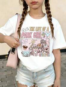 Summer Tops,Flower Disneyland   Land Graphic Tee, Perfect For Cute Girls. Teen Girl Gift,Comfortable And Breathable Children's Short-Sleeved T-Shirt. 180g Pure Cotton Children's Clothes,Suitable For Both Boys And Girls.Suitable For Daily Wear, Vacations, Outdoor Activities, And As A Children's Gift. - trắng - Xem 1