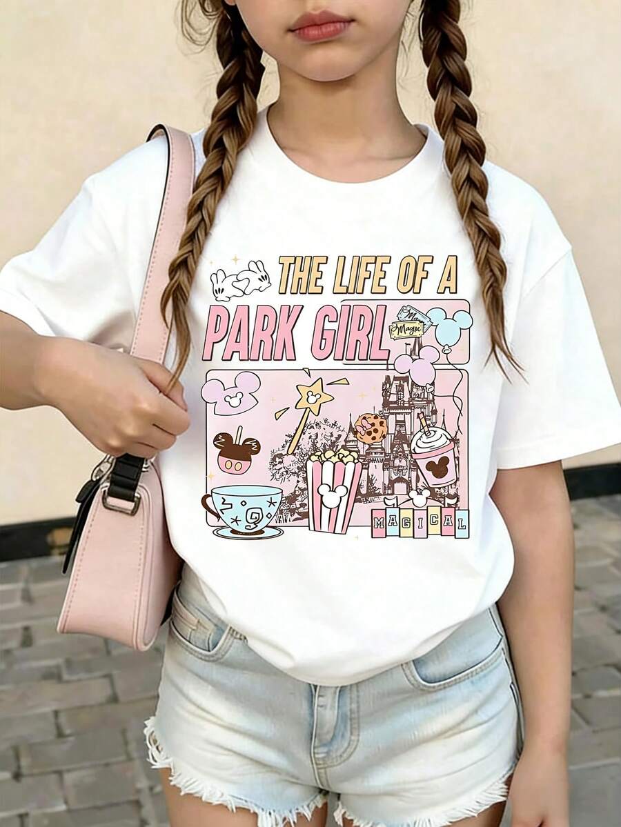 Summer Tops,Flower Disneyland   Land Graphic Tee, Perfect For Cute Girls. Teen Girl Gift,Comfortable And Breathable Children's Short-Sleeved T-Shirt. 180g Pure Cotton Children's Clothes,Suitable For Both Boys And Girls.Suitable For Daily Wear, Vacations, Outdoor Activities, And As A Children's Gift. - trắng - Xem 1
