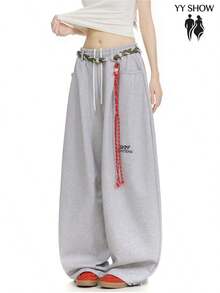 Curved Silhouette Jersey Pants For Men And Women. High-Quality Street Style, Loose Fit, Wide Leg, Unisex, Thick Sweatpants For Fall And Winter. - 灰色 - 查看 3