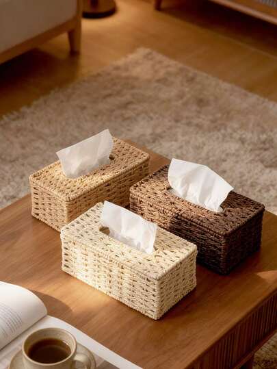 Caja de pañuelos tejida a mano, soporte de pañuelos de estilo bohemio rectangular con tapa, caja tejida decorativa de estilo bohemio, adecuada para baño, dormitorio, estantería, sala de estar, hogar, comedor, almacenamiento de pañuelos de hotel, decoración de habitación de diseño minimalista moderno, artículos esenciales de cocina, decoración de baño de boda, decoración del hogar