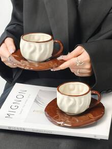 1 Set Asymmetrical Textured Ceramic Coffee Cup & Saucer, Latte Art Cup, Elegant Home/Office Latte, Tea Cup, Valentine's Day, Mother's Day, Thanksgiving Gift, Fashionable Gift For Coffee Lovers - Multicolor - View 4