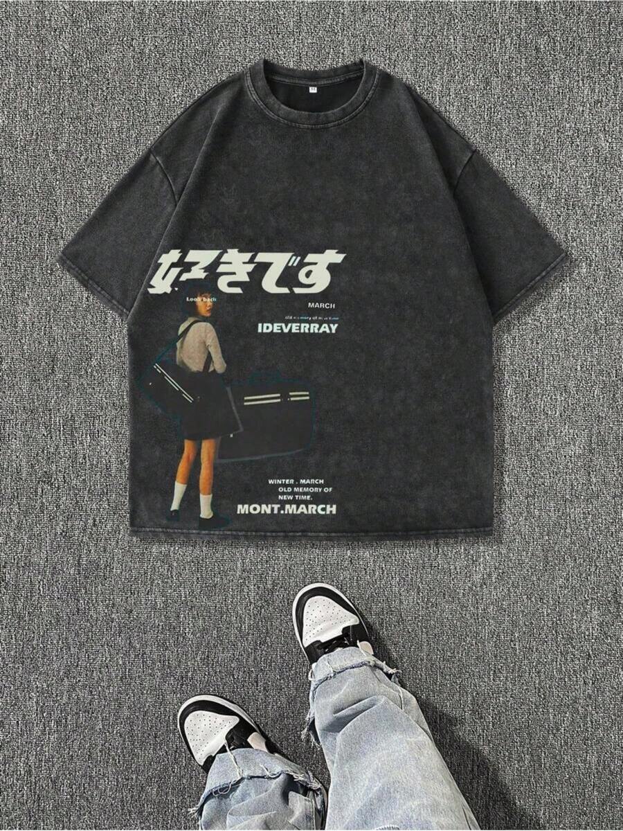 Japanese Text And Girl Graphic Print Men's Washed And Distressed Print Round Neck Short Sleeve Casual T-Shirt - 黑色 - 查看 1