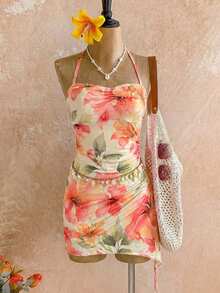 Robe mini bohème à imprimé floral sans manches avec bretelles spaghetti pour femmes, robe moulante sans manches avec cordon de serrage et fente à l'ourlet, style vacances élégant d'été - Multicolore - Voir 6