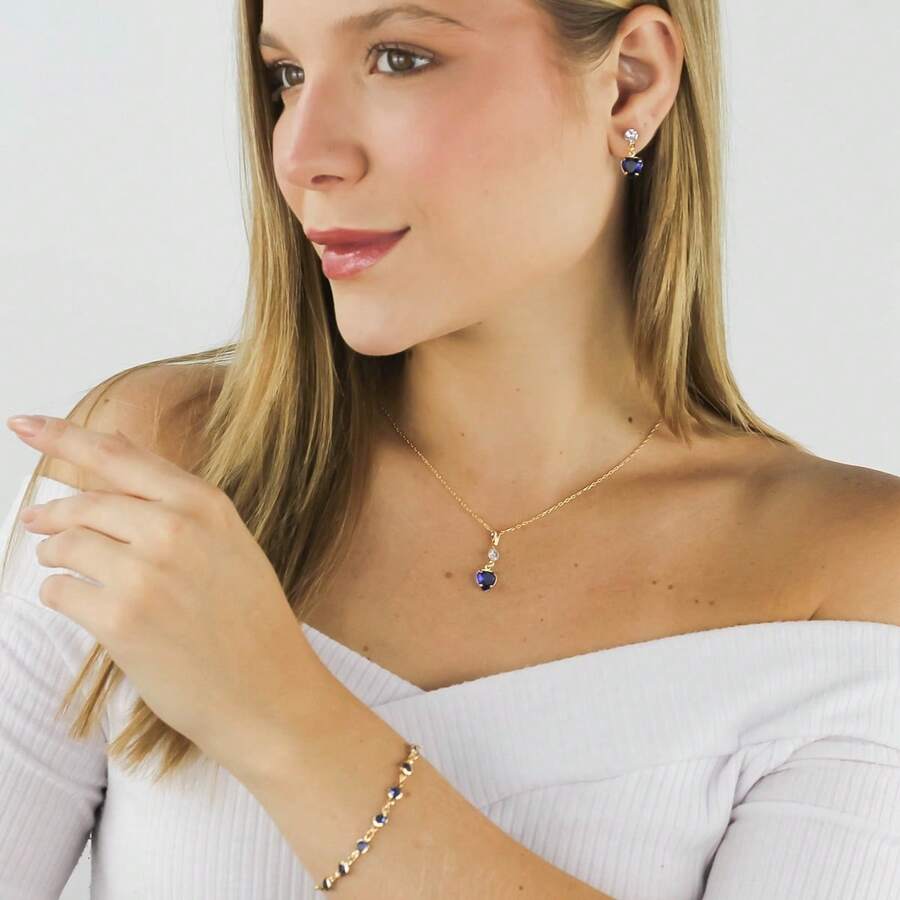 Women's Set: Bracelet, Chain, Pendant, And Heart Earrings, 18k Gold Plated Costume Jewelry - 寶藍色 - 查看 1