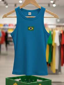 Women's Casual Ribbed Tank Top With Flag Print - Summer Copa Brasil - 藍色旗幟 - 查看 5