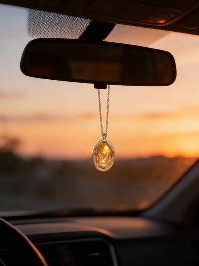 优雅椭圆形宗教汽车挂饰 – 带LED灯的圣诞耶稣诞生场景 – 玻璃合金后视镜吊坠，基督教驾驶员的灵性装饰