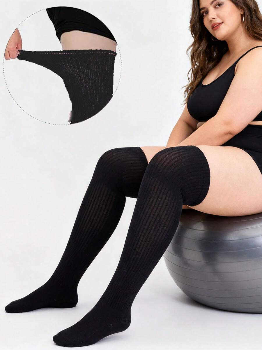 Plus Size Thigh High Socks Knit Over The Knee Stocking For Women Party & Daily - Black - View 1