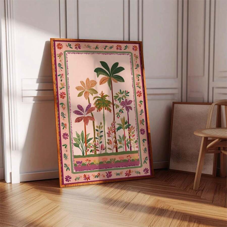 1幅无框热带花园复古植物墙画，复古花卉海报，中世纪家居装饰，棕榈树艺术，复古别致美学帆布海报，简约奇趣民间艺术装饰，乡村风格绘画，适用于公寓、客厅、卧室、现代家居装饰，趣味海报，墙面装饰，宿舍必备，大学宿舍派对装饰，最佳礼物之选 - 棕櫚樹 - 查看 1