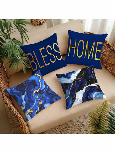 4pcs Set Minimalist Daily Home Blue Marble Pattern Pillow Covers, 45*45/50*50/40*40CM Cushion Covers For Modern Fabric Sofa Indoor Decor, Party Decoration, Gift (Pillow Inserts Not Included)