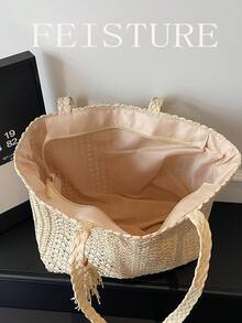 1pc FEISTURE Large Capacity Fringed Woven Shoulder Beach Bag, Travel Straw Bag, Spring/Summer - White - View 6