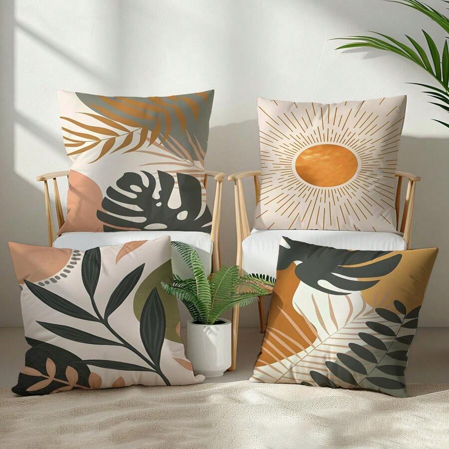 4件套简约抽象波西米亚风叶子几何图案抱枕套，单面印花桃绒面料，尺寸分别为45*45/50*50/40*40厘米，适用于现代简约沙发客厅装饰，亦可作为礼物或派对装饰。 - 彩色 - 查看 1
