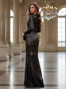 Romagic 女士花卉亮片圆领长袖修身迷人美人鱼连衣裙 - 黑色 - 查看 4