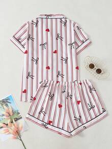 Bộ đồ ngủ nữ tay ngắn và quần short họa tiết sọc nơ và trái tim, chất liệu crepe phồng, in hình. - Đỏ - Xem 9