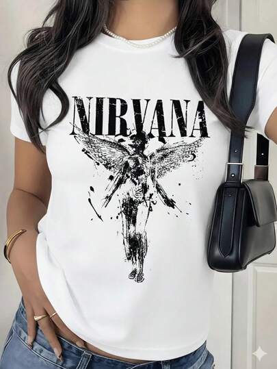 Women's Band Logo Graphic T-Shirt, Vintage Grunge Music Tee, Fallen Angel Statue Print Top, Black Retro Rock Oversized Short Sleeve Shirt.